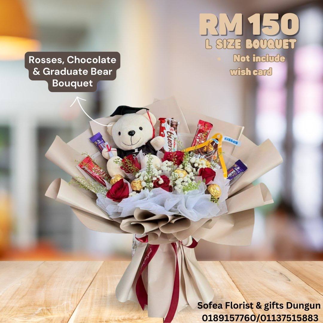 Roses, Chocolate & Graduate Bear Bouquet