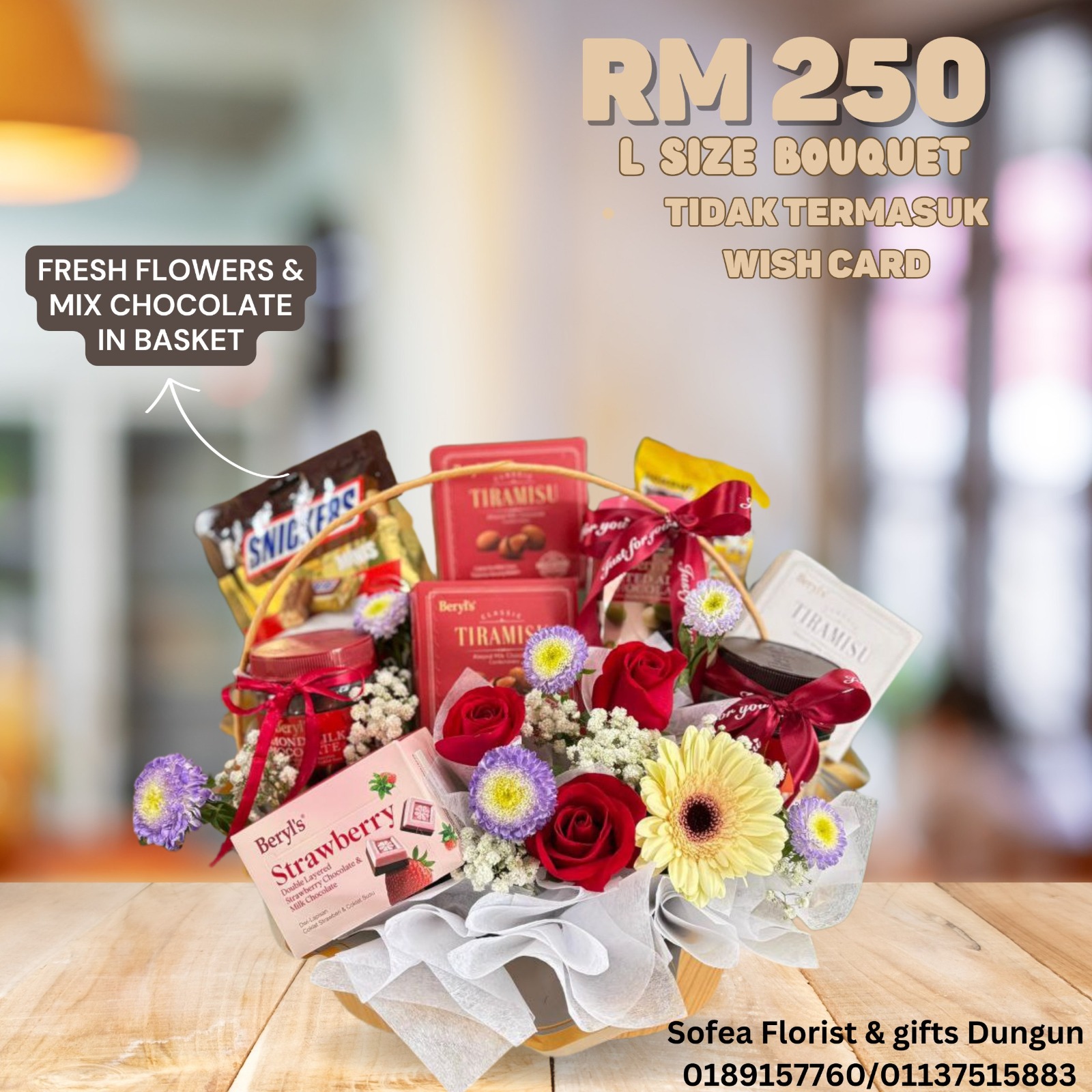 Fresh Flowers & Mix Chocolate In Basket